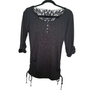 No Boundaries Black Henley Crochet Lace Back 3/4 Sleeve Ruched Sides Y2k Small